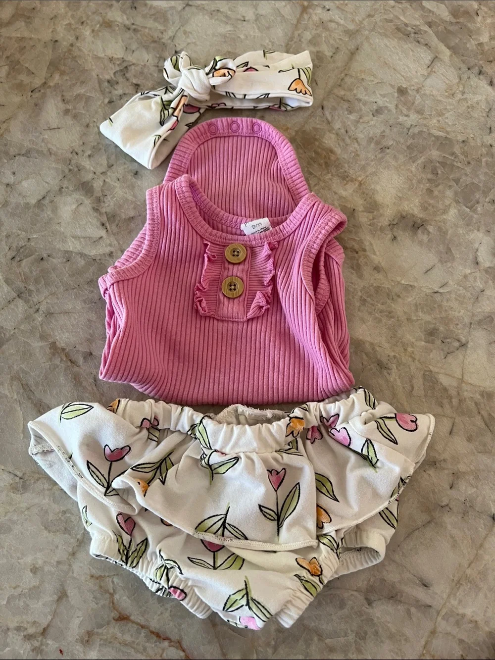 9 Month Old Pink Ribbed Tank & Floral Ruffle Bloomers Set with Headband
